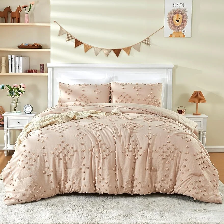 3-Piece Boho Tufted Dots Queen Size Kids Bedding Set for Girls Beige Jacquard Pom Pom Tufts Embroidery Bed-in-a-Bag Bohemian Kids Comforter Set for Boys with Comforter, 2 Pillowcase