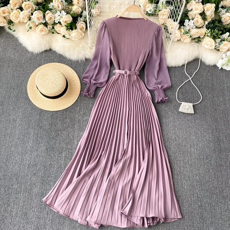 Woman Dress Elegant Office Lady Pleated Dress With Belt Round Neck Long Sleeve Long Dresses For Women Spring Autumn Clothing 1022