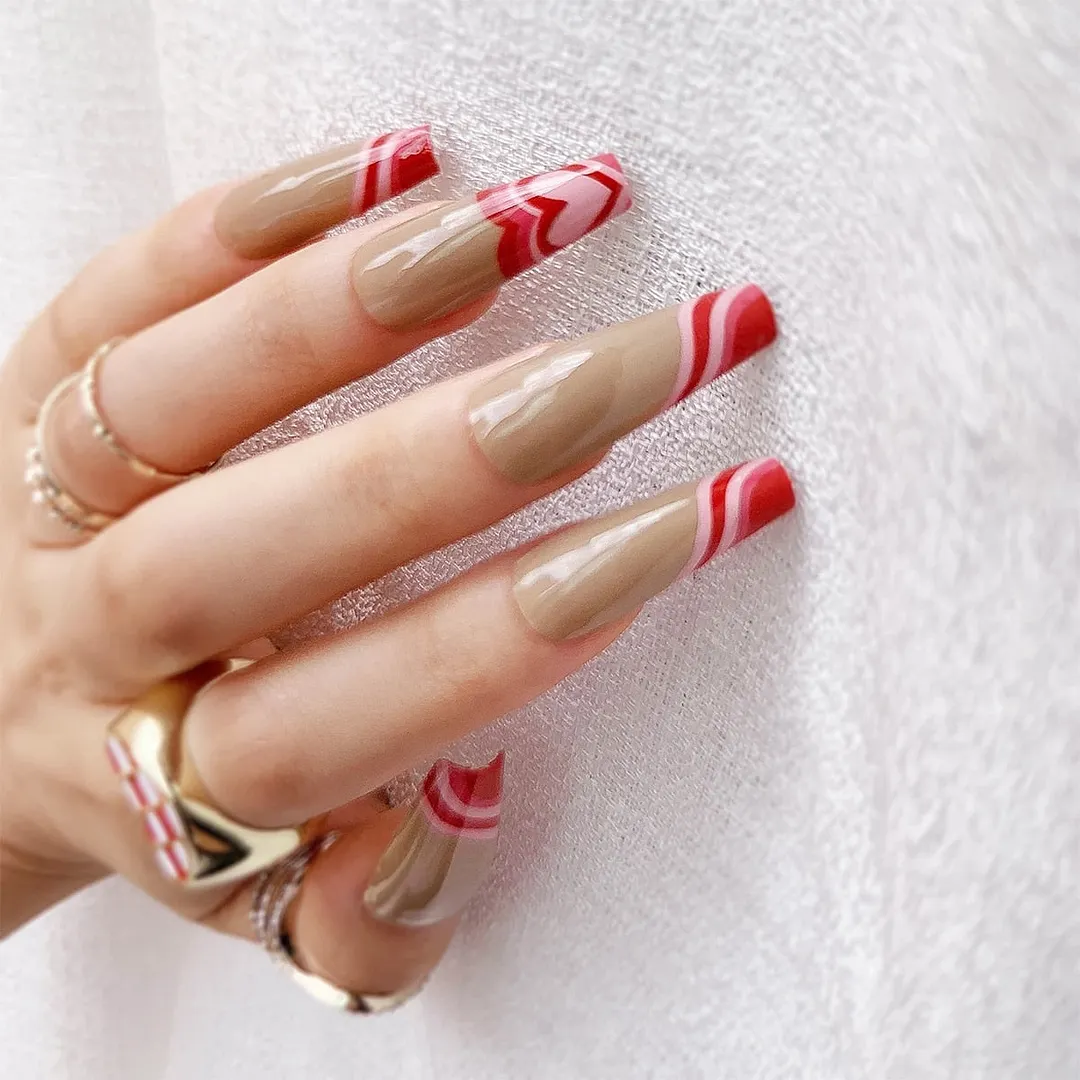 24pcs Rose Pattern Red Wine False Nail Fake Nails Coffin Glossy Press On Nails False Girls Ballerina full cover Fingernails Tips-Nail Inspo