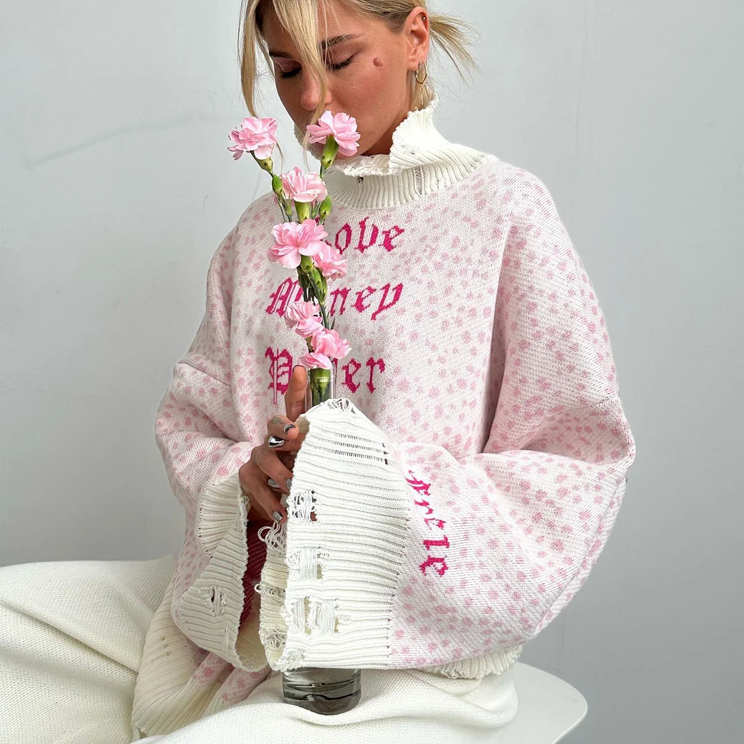 Athvotar Athvotar Blogger Wind With Loose Letter Embroidery Personality Tattered Knitted Sweater Casual Personality Sweater Women Autumn And Winter