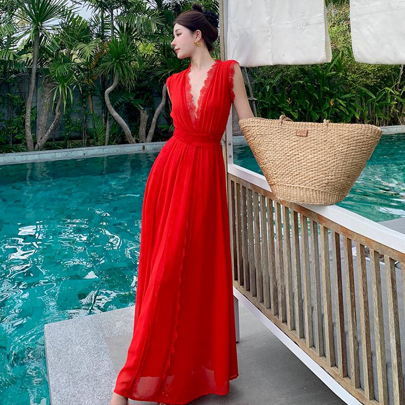Resellerhostar stylish dresses for women Red Elegant Sleeveless V Neck Lace Fairy Dress Women Summer High Waist Pleated Vest Long Dresses Fashion 2025 New Evening Party