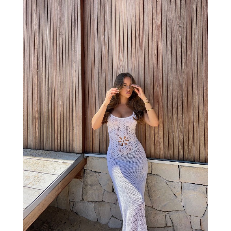 Ootddress Summer Knit Bandage Maxi Dress Female Hollow Out See-Through Printed High Waist Backless Beach Holiday Women Long Dress