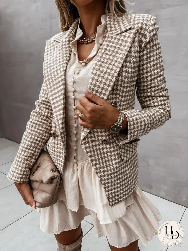 Blazers Lapel Check Pocket Button Blazer for Women
