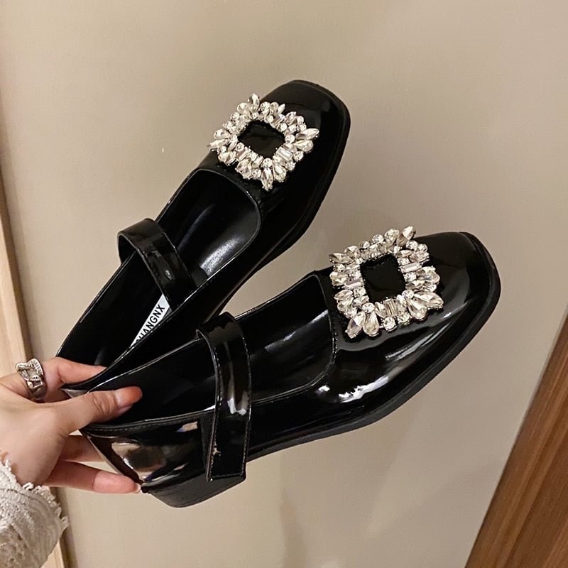 Luxury Crystal Mary Jane Shoes For Women Patent Leather  Low Heels Party Shoes Woman 2022 Spring Summer Square Toe Pumps