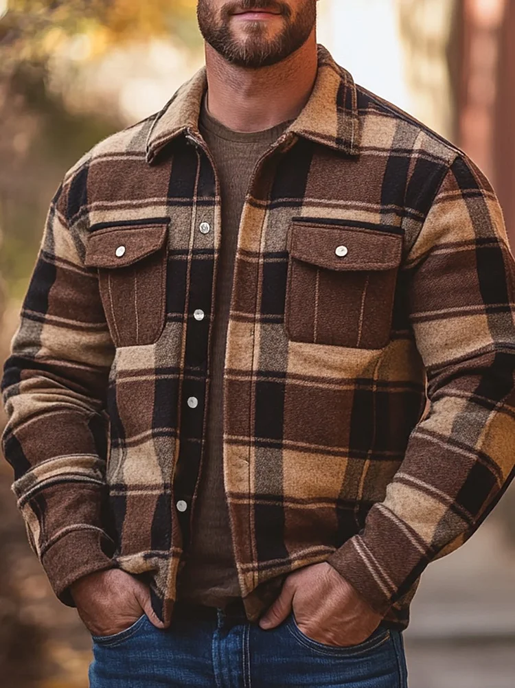Men's Casual Plaid Long Sleeve Jacket