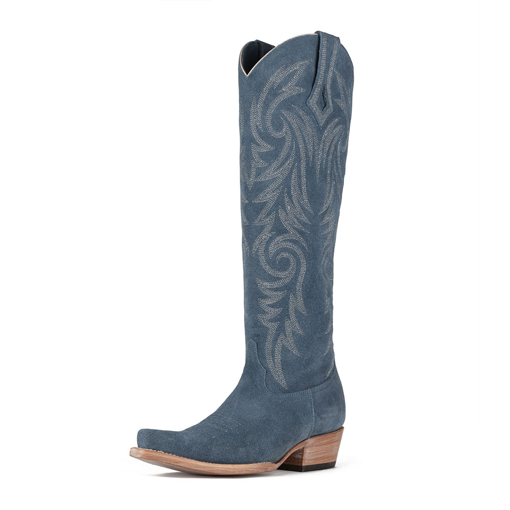 Snip Toe Embroidered Knee-High Grey Blue Cowboy Boots for Women Nicepairs
