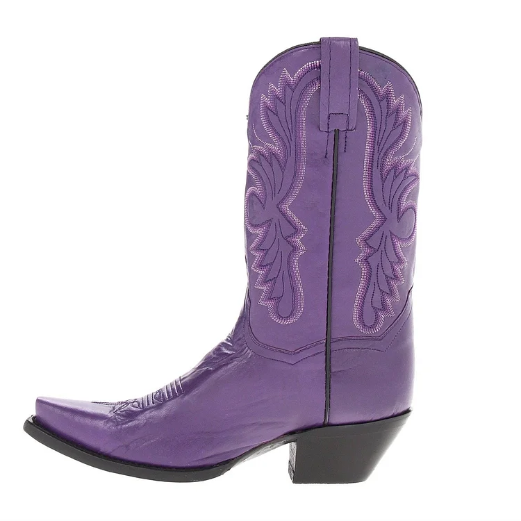 Purple Cowgirl Boots Vintage Square Toe Chunky Heel Mid Calf Boots Vdcoo