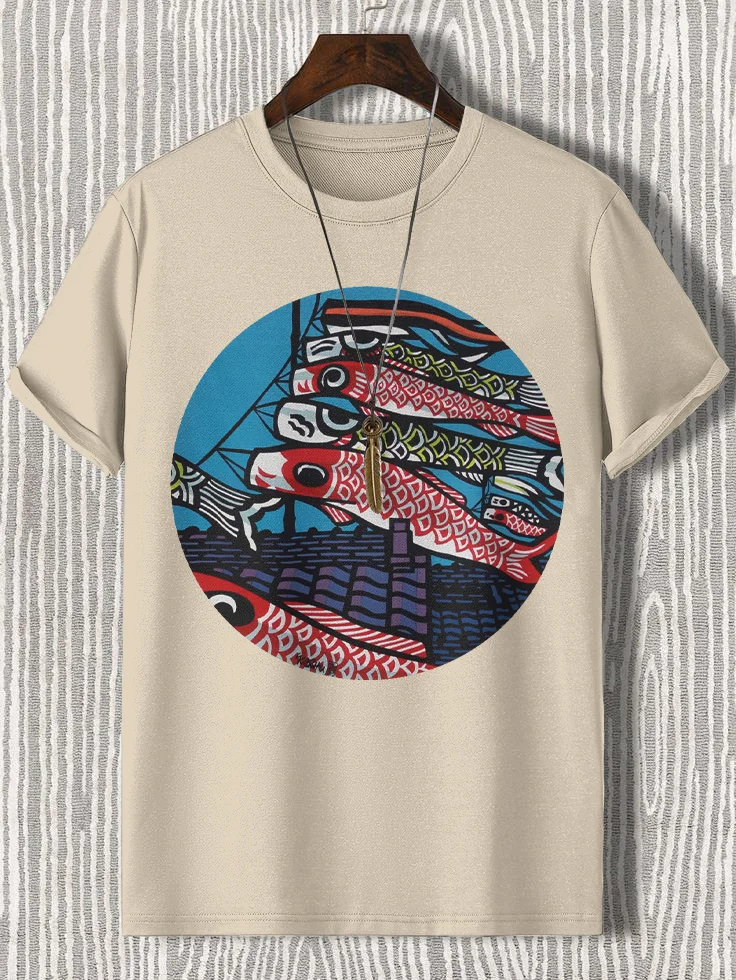 Men's Koinobori Carp Flag Art Print Cotton Casual T-Shirt