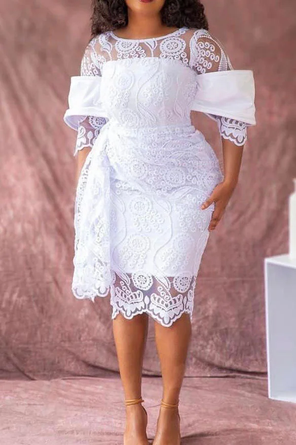 Solid Color Lace Glamorous Ribbons Midi Dress