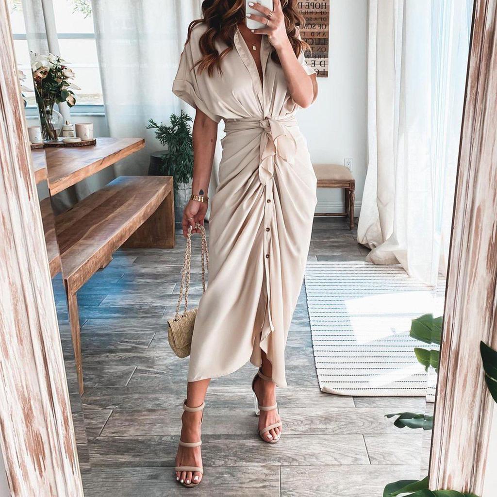 Vintage Plain Short Sleeve Midi Dress With Belt-vocosishoes