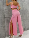 Spaghetti-Neck Ruffled Top+High-Waisted Split-Side Wide Leg Pants Two-Piece Suits