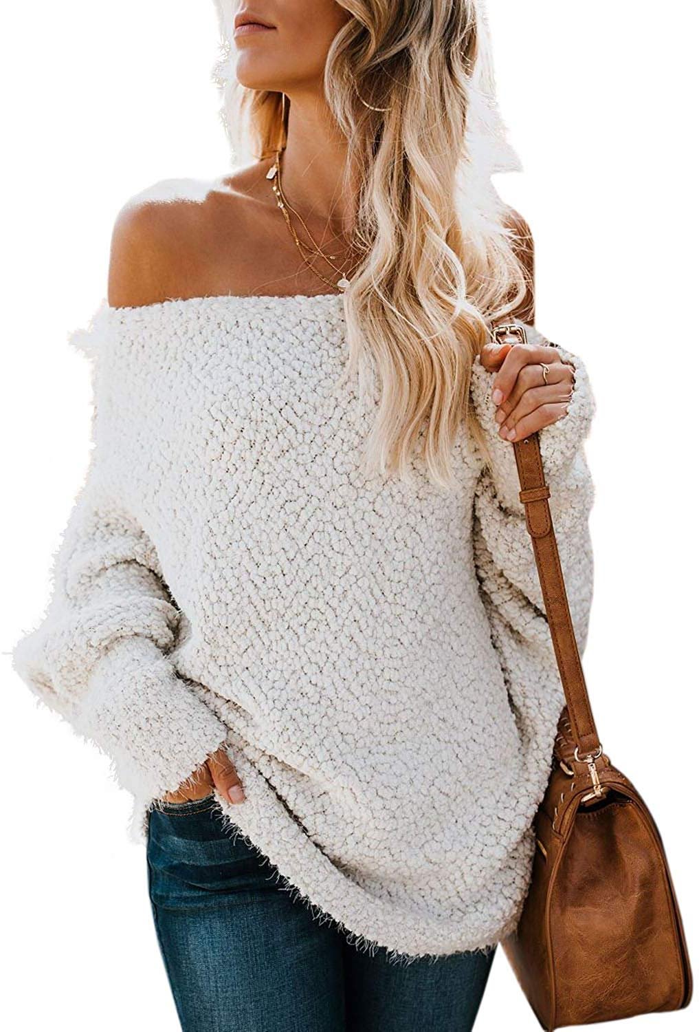 Womens Casual Long Sleeve Off The Shoulder Loose Knit Pullover Sweater Tops