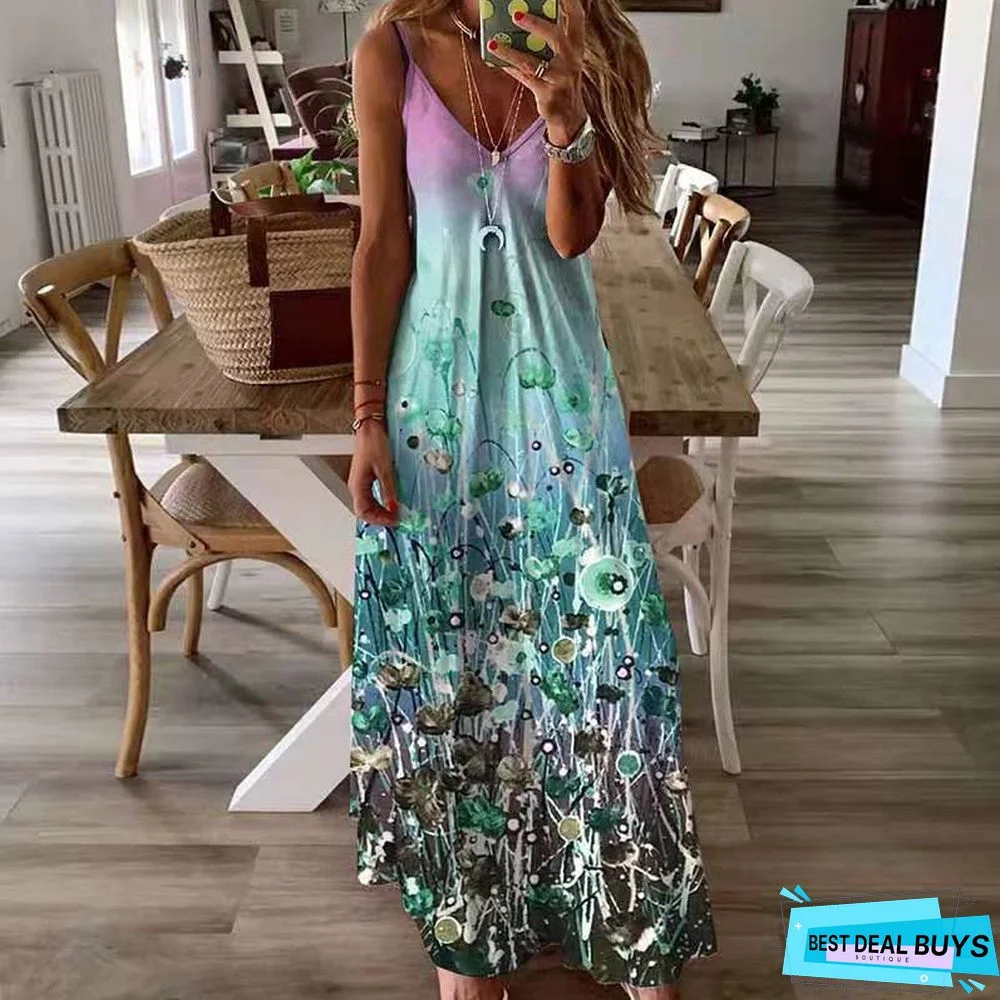 V-Neck Fashion Printed Loose Suspender Dress