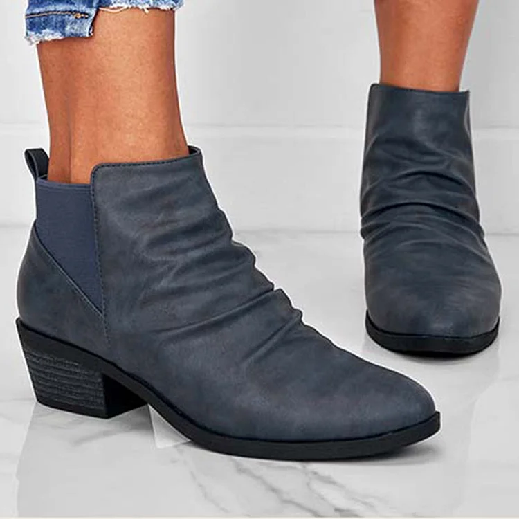 HUXM Round Toe Ruched Booties Stacked Block Heel Ankle Boots
