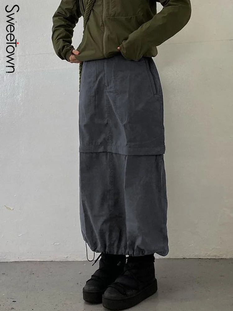 Sweetown Gray Casual Baggy Loose Size Cargo Skirts Womens Big Pockets Streetwear Drawstring Hem Low Waist Hippie Long Skirt Y2K