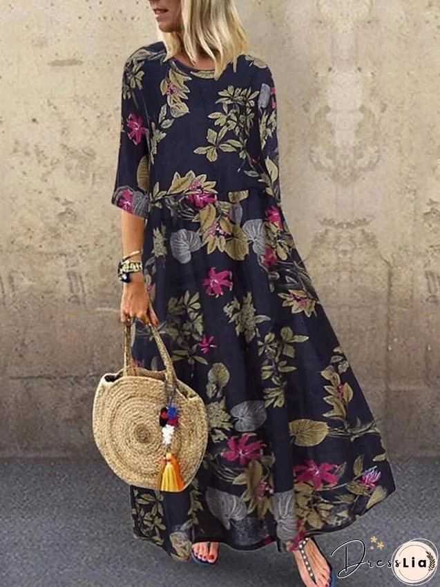 Women's Dress - Shift Dress Maxi long Dress Red Navy Blue Yellow Half Sleeve Floral Print Spring Summer Round Neck Casual Vacation Loose M L XL XXL 3XL 4XL 5XL