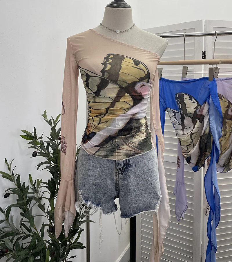 Uveng Design-Sensitive One-Shoulder Horn Long-Sleeved Mesh Yarn-Print T-Shirt With Short Tight Top 9915