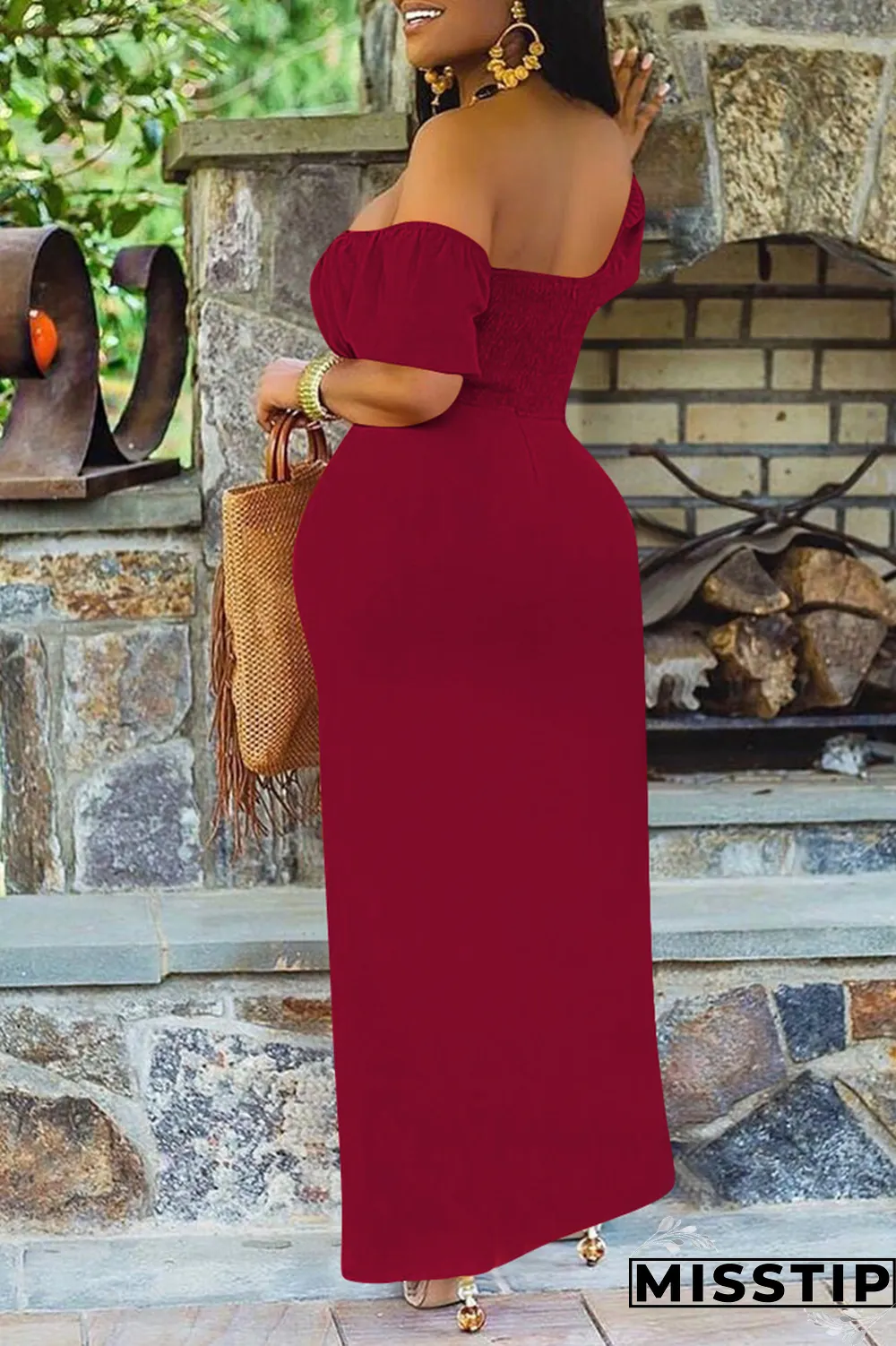 Burgundy Sexy Solid Patchwork Off the Shoulder Straight Dresses