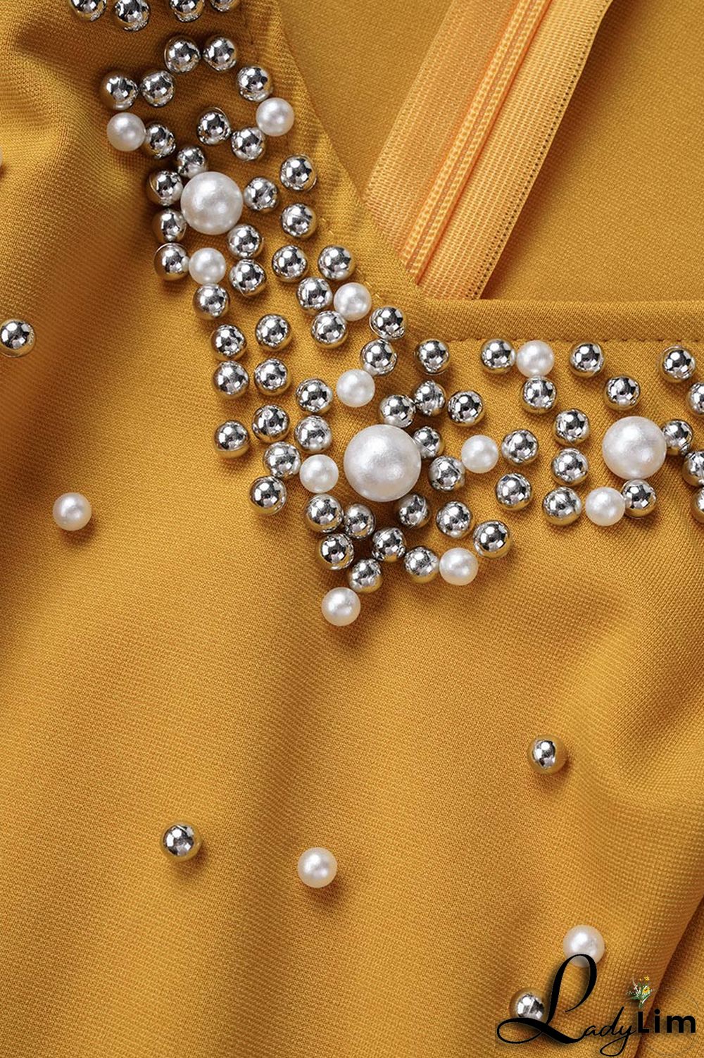 Yellow Casual Solid Patchwork Slit Beading V Neck One Step Skirt Dresses