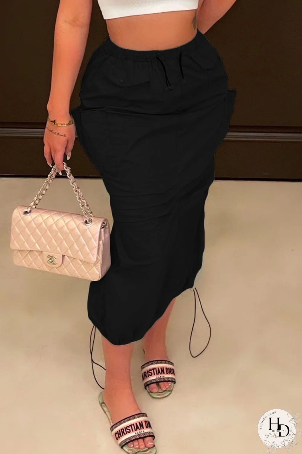 Black Casual Solid Patchwork Pocket High Waist Pencil Solid Color Bottoms