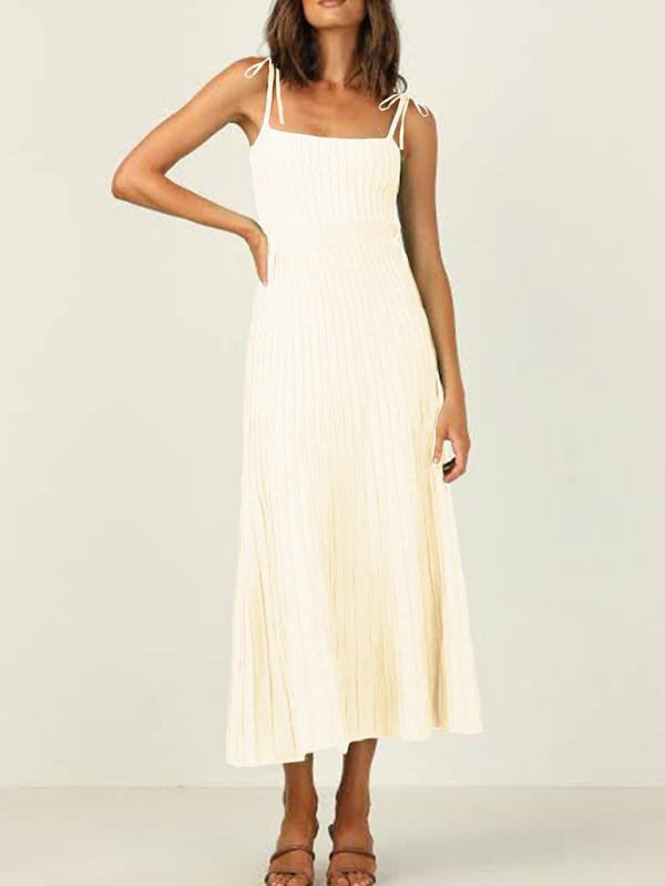 Mature Women Summer New Sling Fashion Solid Color High Waist Wide Swing Knitted Dress