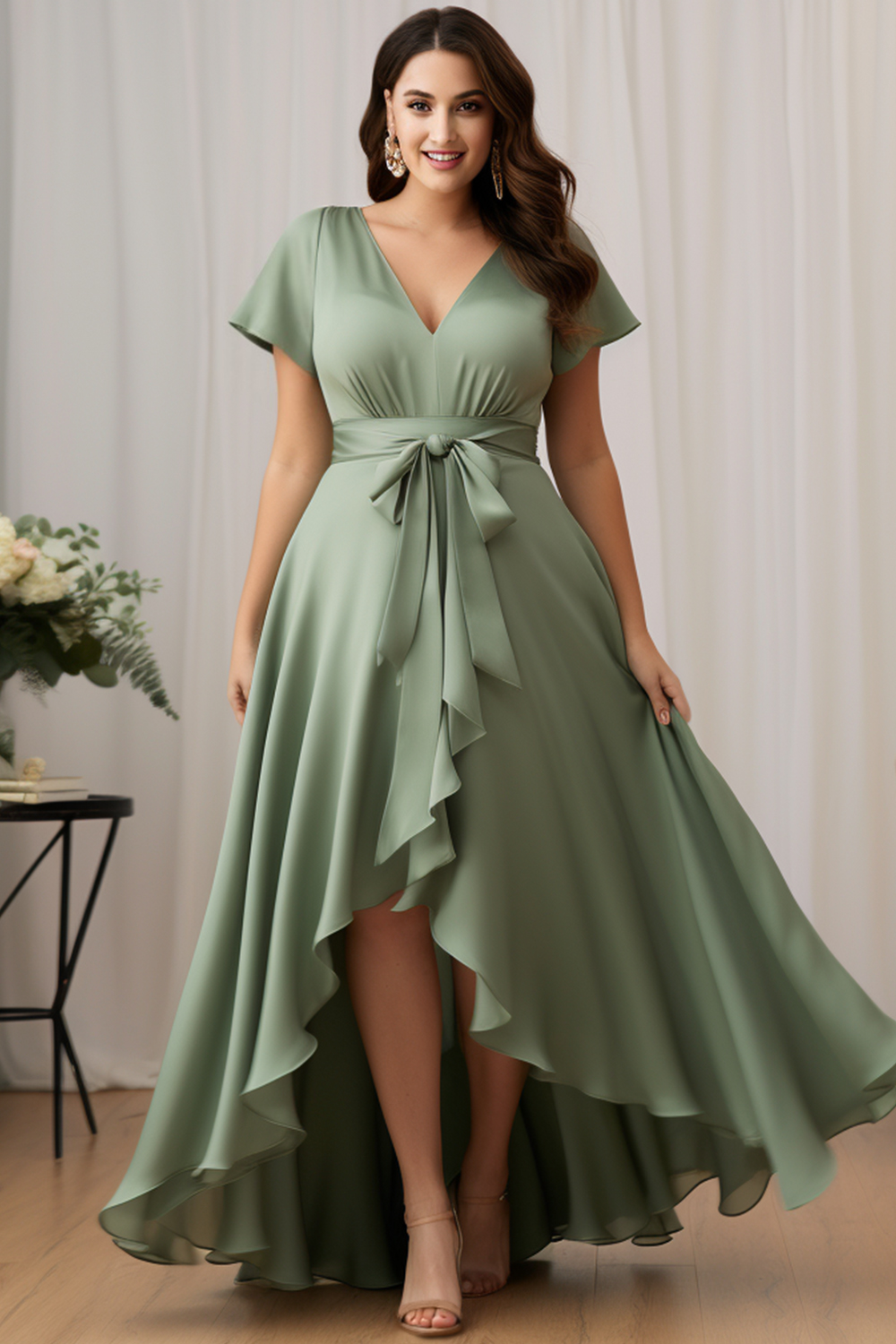 Flycurvy Plus Size Bridsmaid Sage Green Satin Flutter Sleeve Asymmetrical Hem Maxi Dress