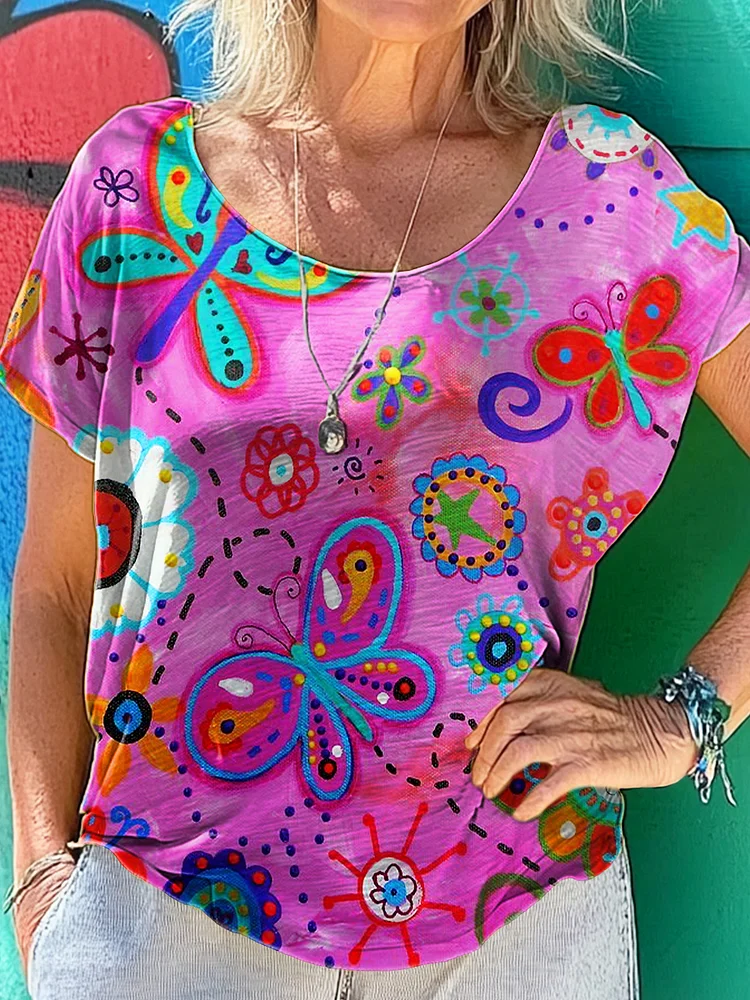 Hippie Butterfly Art Print 100%Cotton Crew Tee T-Shirt