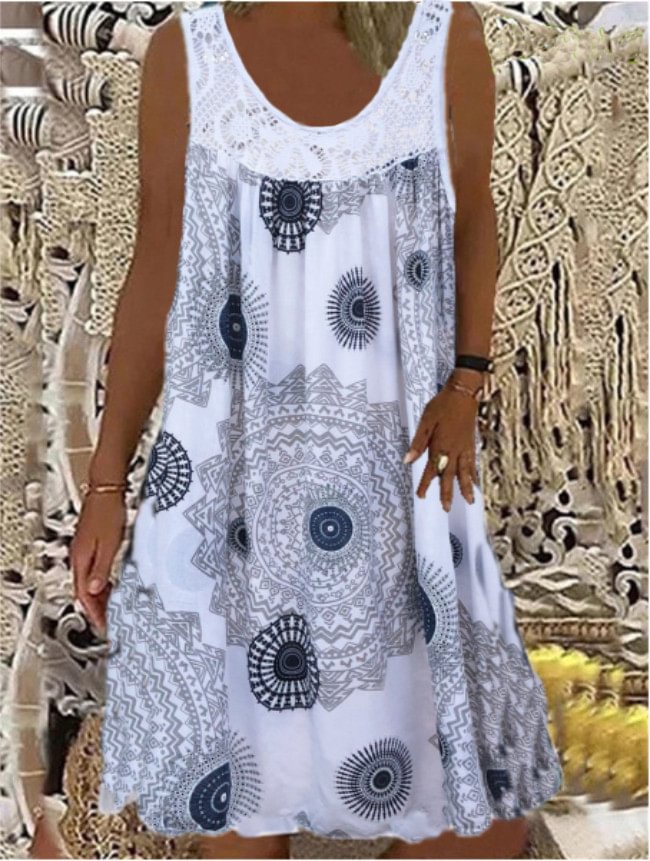 Women Summer O-Neck Sleeveless Lace Print Midi Dress
