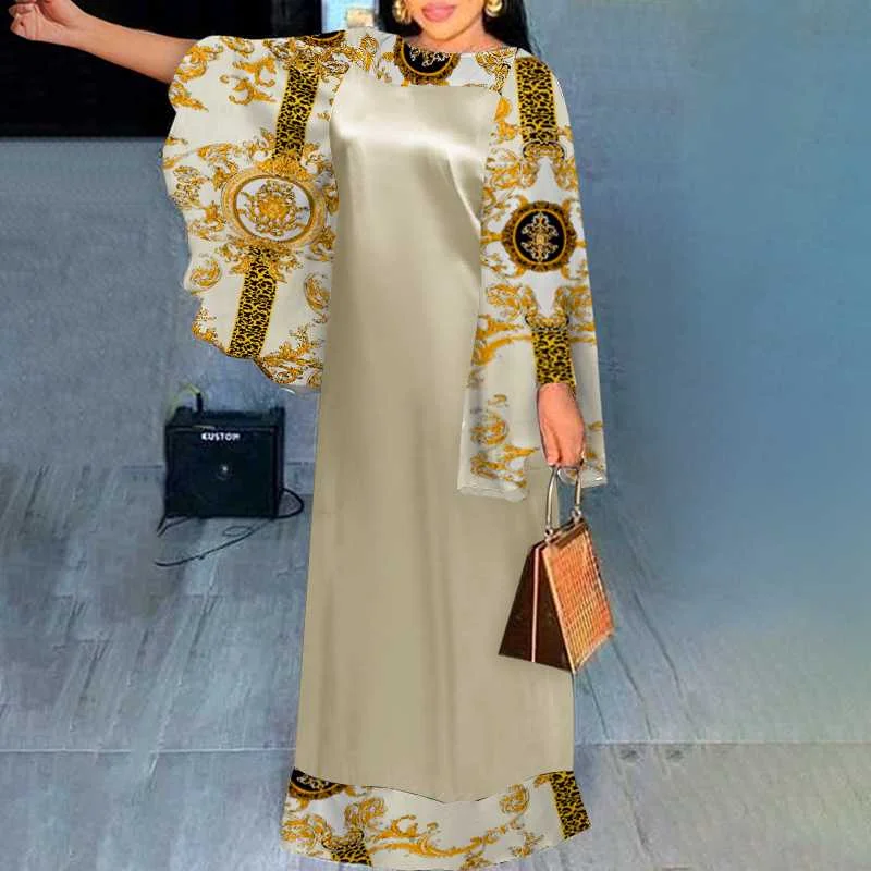 Vintage Patchwork Dress VONDA 2022 Women Flare Sleeve Vintage Printed Maxi Dress Loose Elegant Sundress Lady Vestidos Femme Robe