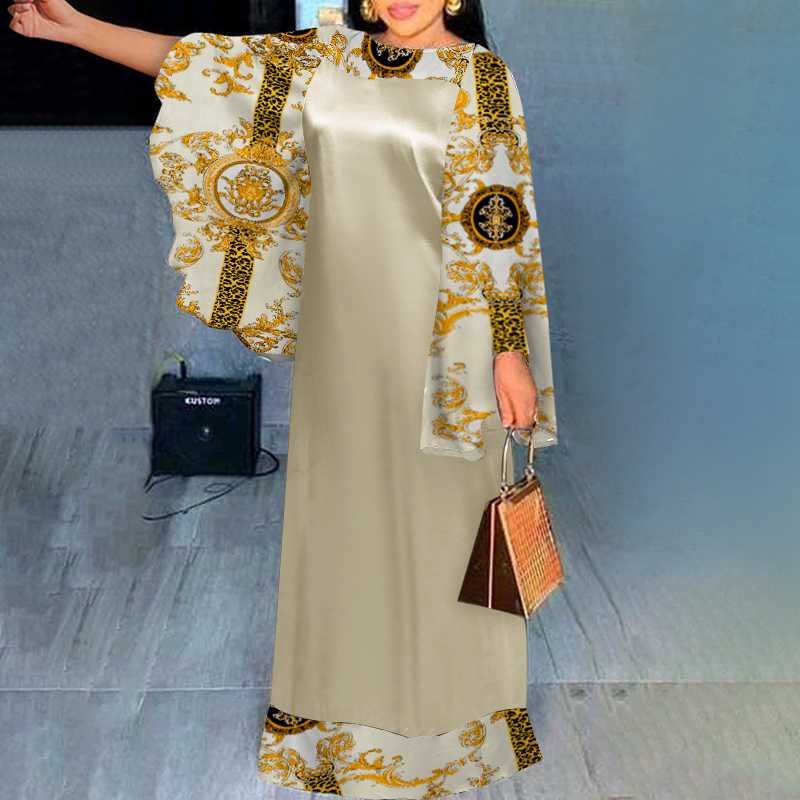 Vintage Patchwork Dress VONDA 2022 Women Flare Sleeve Vintage Printed Maxi Dress Loose Elegant Sundress Lady Vestidos Femme Robe
