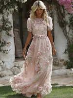 Women's Floral Art Flowy Linen Blend Casual Short Sleeve Maxi Dress