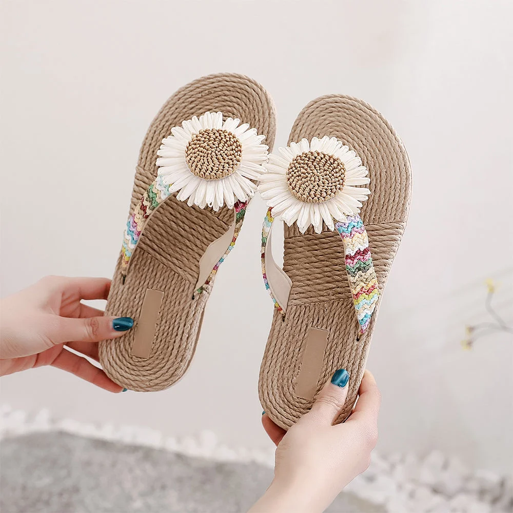 Meladen™ Strandsandalen aus Strohseil mit Sonnenblumen-Leinen