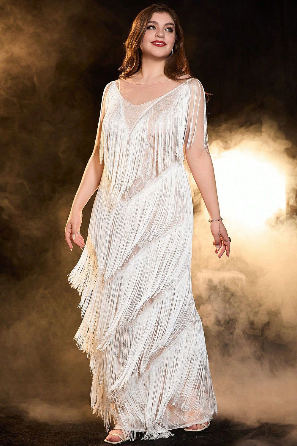 Plus Size Evening White Round Neck Sleeveless Fringe Tiered Maxi Dress 2024 - Flycurvy 