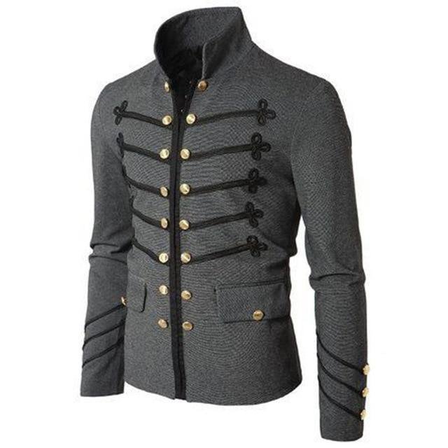 Men Gothic Vintage Fit Slim Coat Patchwork Button Outwear European Medieval Style Classic Jacket Steampunk Army Coat - VSMEE