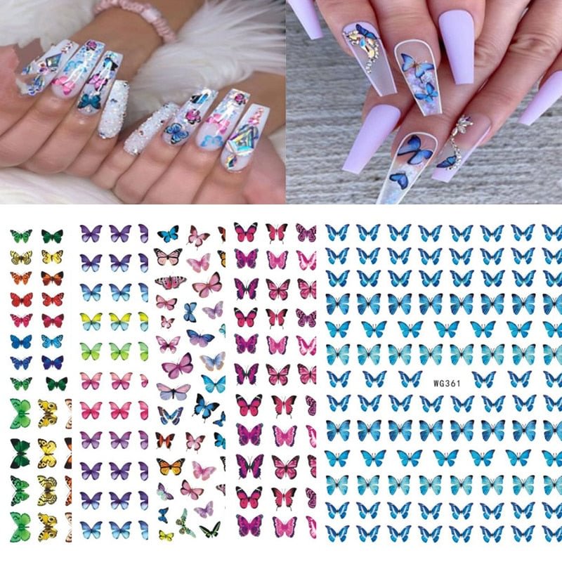 1pc Holographic Blue Nail Stickers Pink Colorful Butterfly Art Sticker With Adhesive DIY Extension Flowers Rose Nail Decoration
