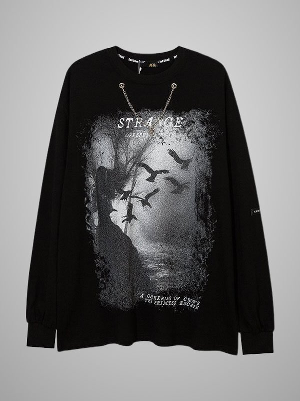 Gothic Dark Hip-pop Style Graphic Chain-trimmed Casual Crew Collar Long Sleeve Loose Sweatshirt 