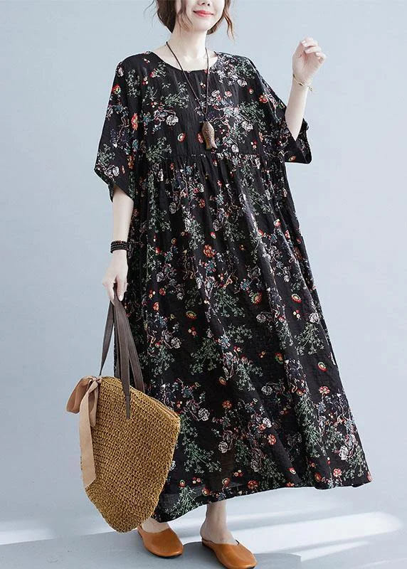 Elegant Black Print O-Neck Patchwork Summer Robe Dresses Half Sleeve