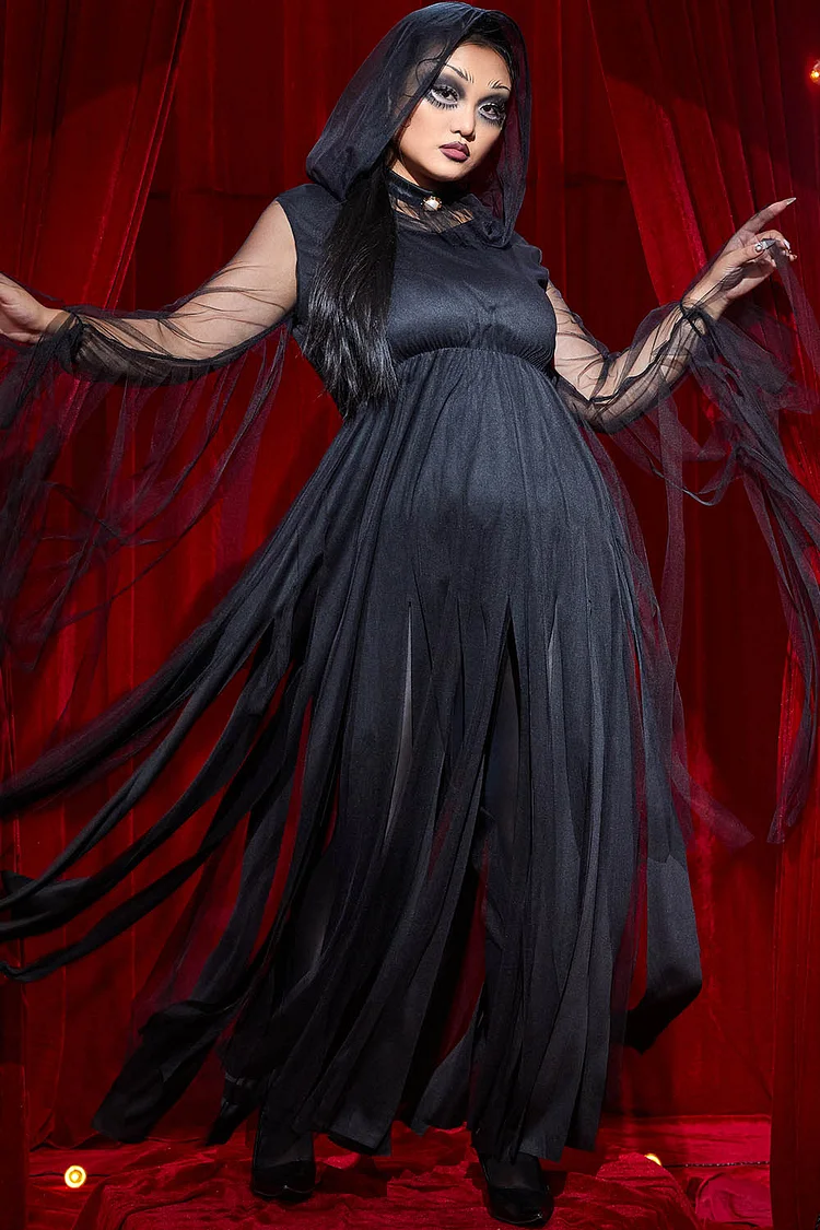 gothic black dress plus size Plus Size Widow Gothic Lace Bustier Long Sleeve Maxi Gown