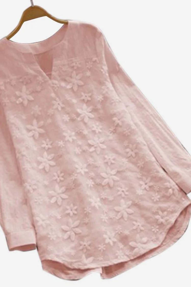 Linen V Neck Ditsy Floral Print Long Sleeve Casual Blouse