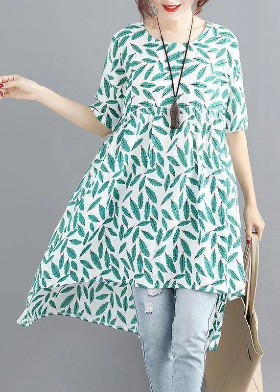 Handmade o neck asymmetric cotton linen dresses green print Dresses summer