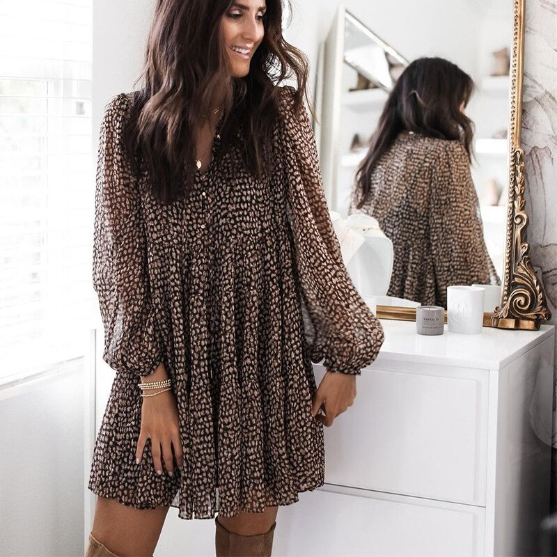 Women Leopard Print Lantern Sleeve Loose Draped Mini Dress 2021 Spring Casual V-Neck Long Sleeve A-Line Dresses Party Vestidos