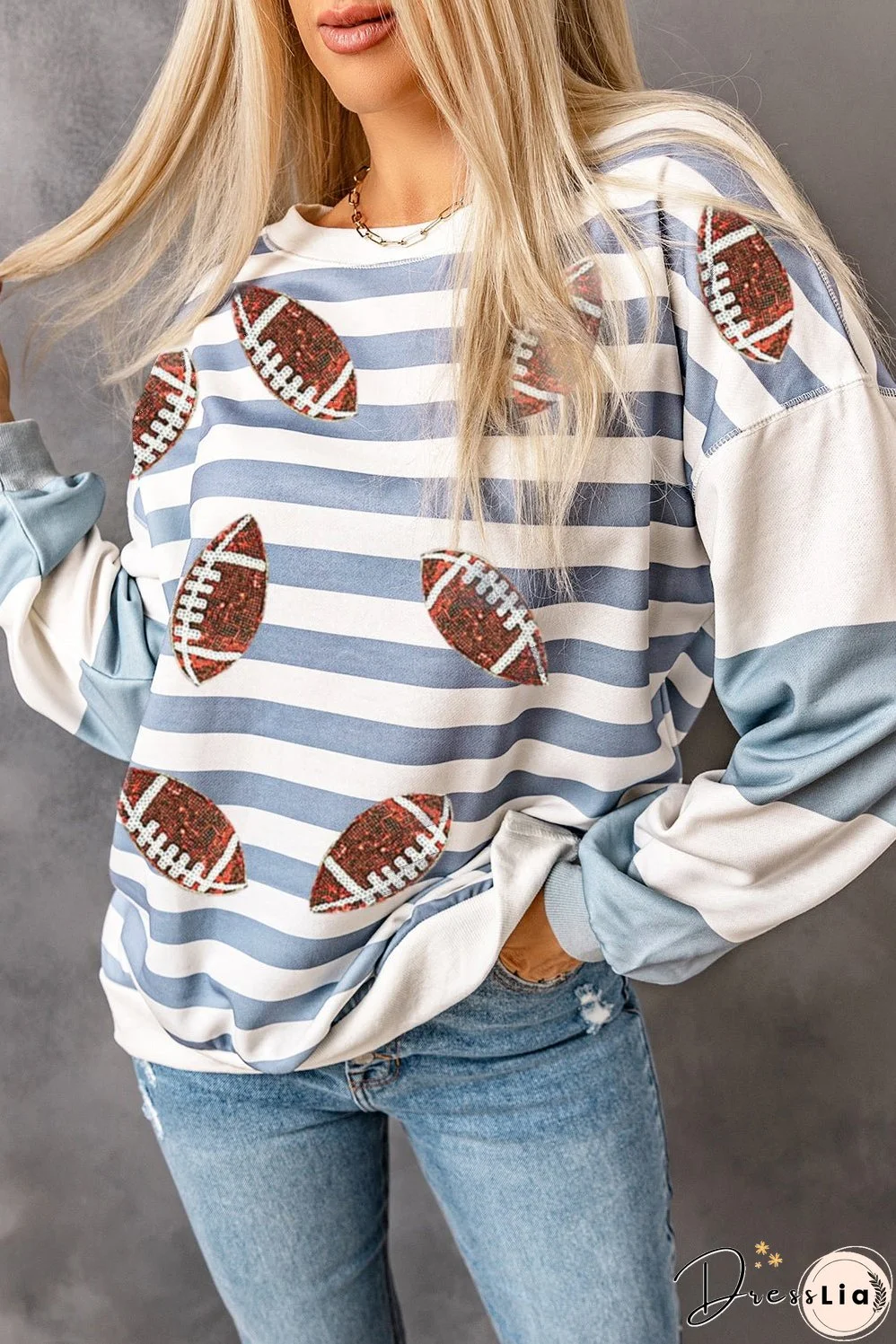 Stripe Sequined Rugby Football Pattern Pullover Sweatshirt