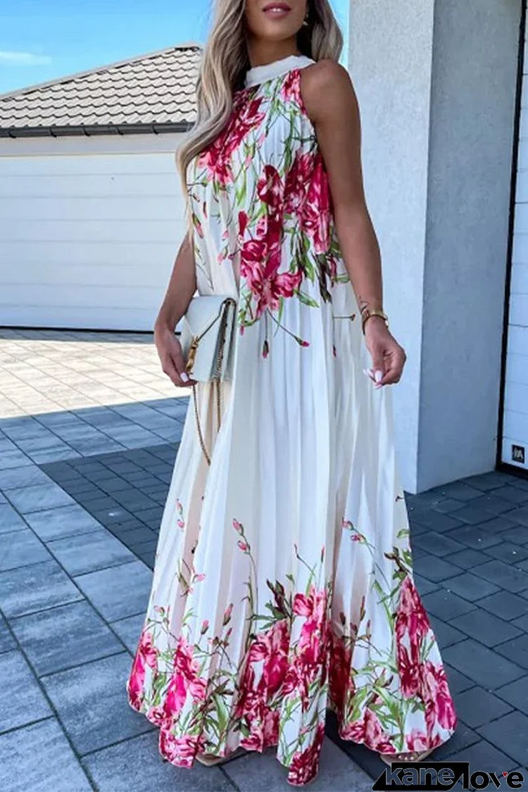 Bohemian College Floral Patchwork With Belt Halter Pleated Dresses