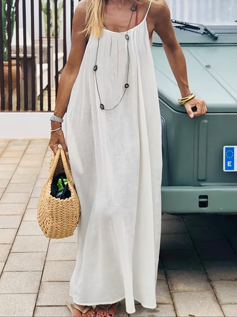 Women's Solid Color Cami Lounge Dress, Elegant Sleeveless Long Dress for Summer, Ladies Sleepwear for Indoor Wear, Womenswear Women's Solid Color Cami Lounge Dress, Elegant Sleeveless Long Dress for Summer, Ladies Sleepwear for Indoor Wear, Womenswear