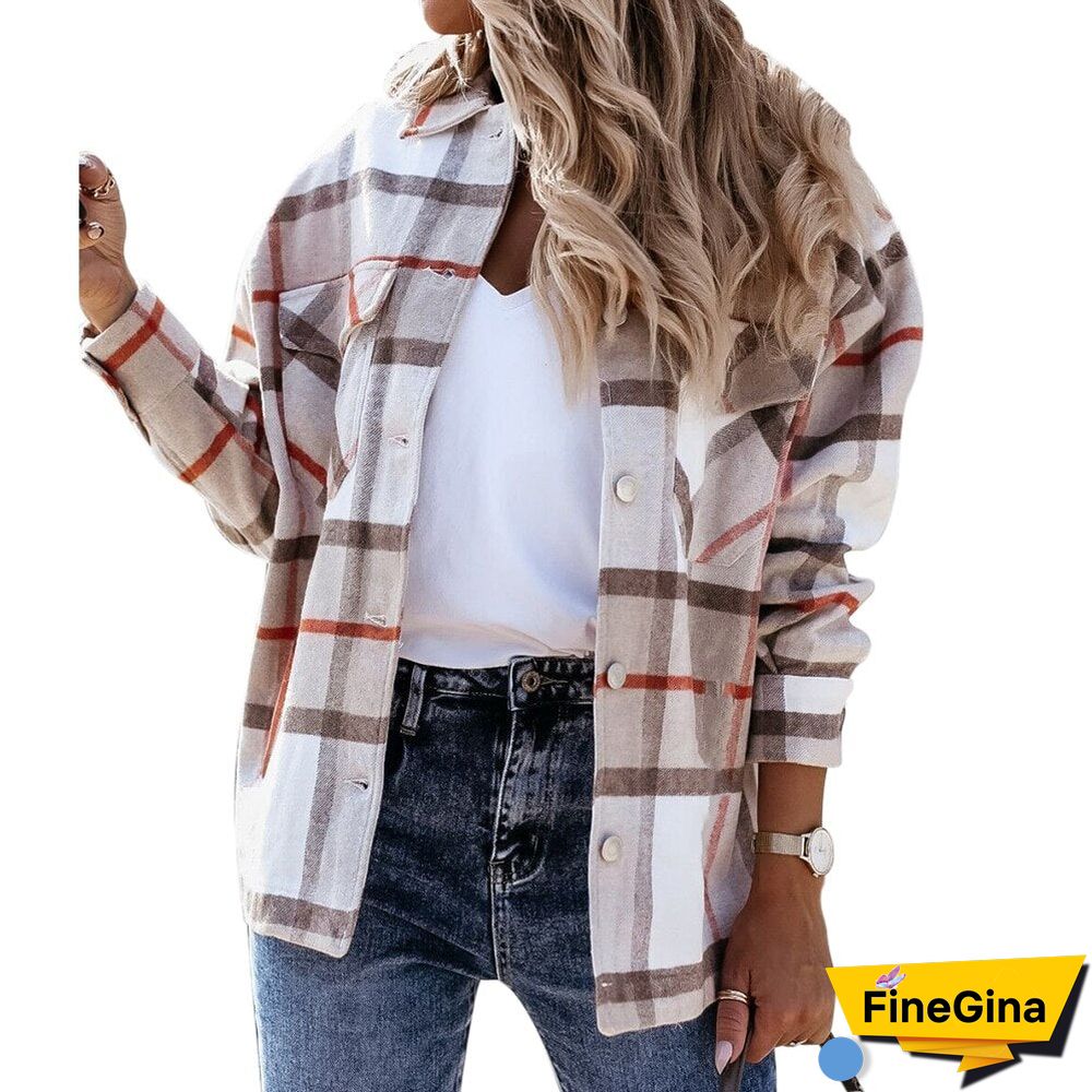 Hot Sale Women Fashion Plaid Shirt Jackets Turn-Down Collar Autumn Oversized Jacket Fashion Loose Coat Streetwear Female Outwear