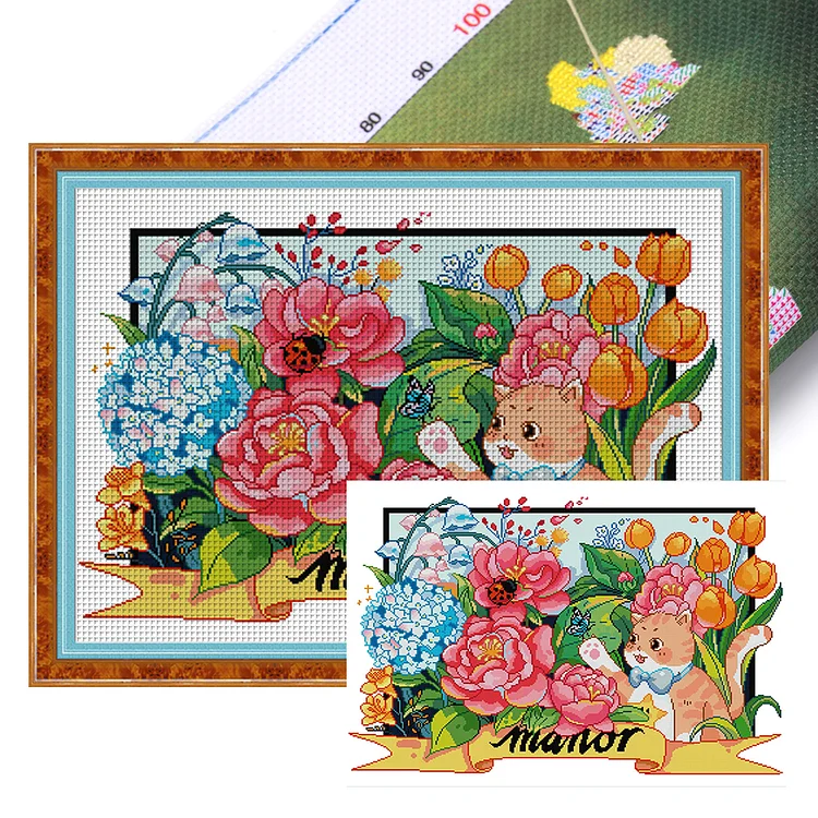 Joy Sunday-Cat And Flower (63*49cm) 14CT Stamped Cross Stitch gbfke