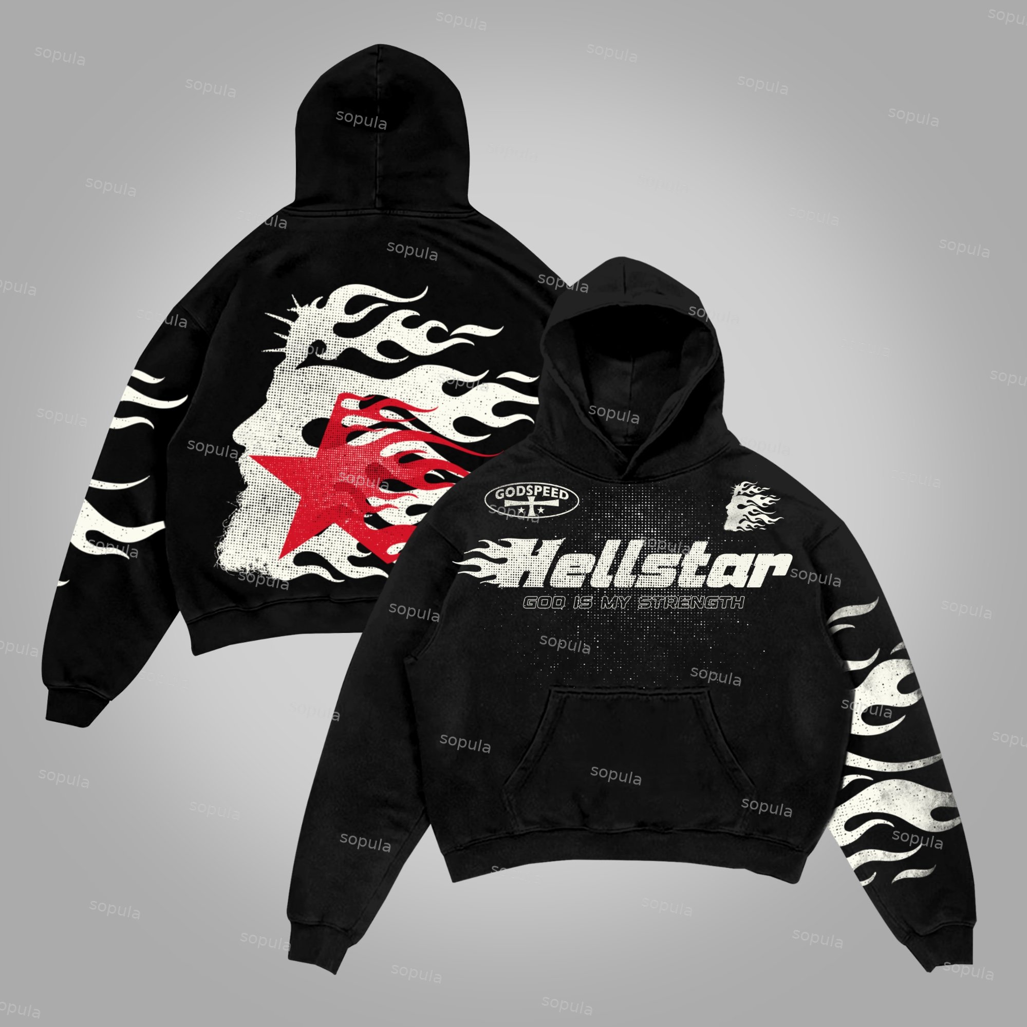 Sopula Hellstar Flame Jesus Silhouette Network Vintage Graphics Cotton Pocket Hoodie - SOPULA