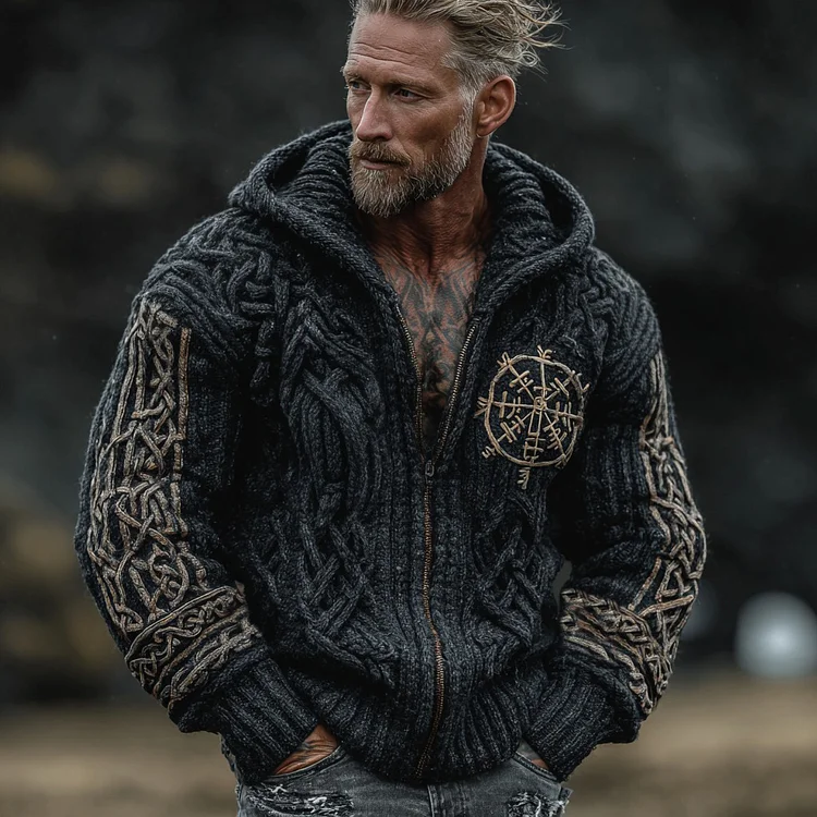 Vintage Viking Vegv&Iacute;sir Celtic Knot Full Zip Comfy Knit Hoodie