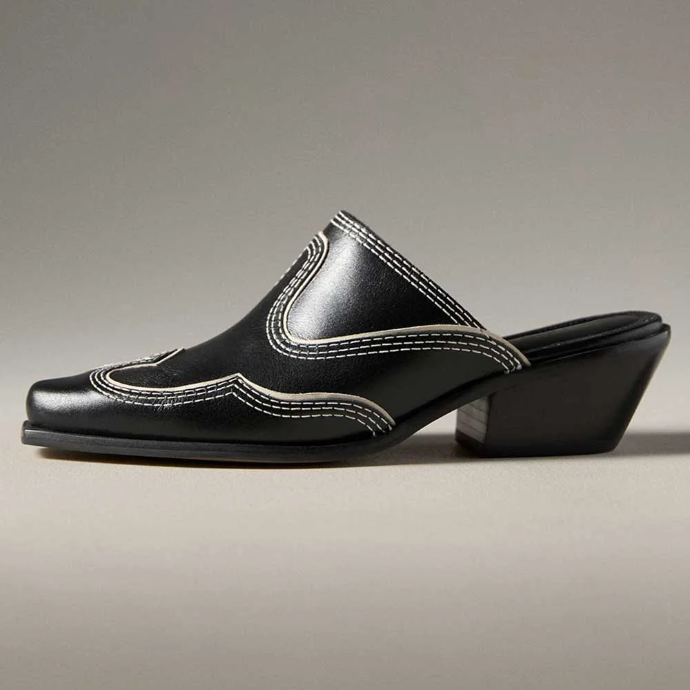 Black Round Toe Vegan Leather Chunky Heel Western Mules Shoes