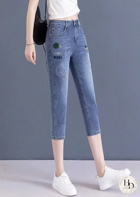 Vogue Blue Embroideried Button Crop Jeans